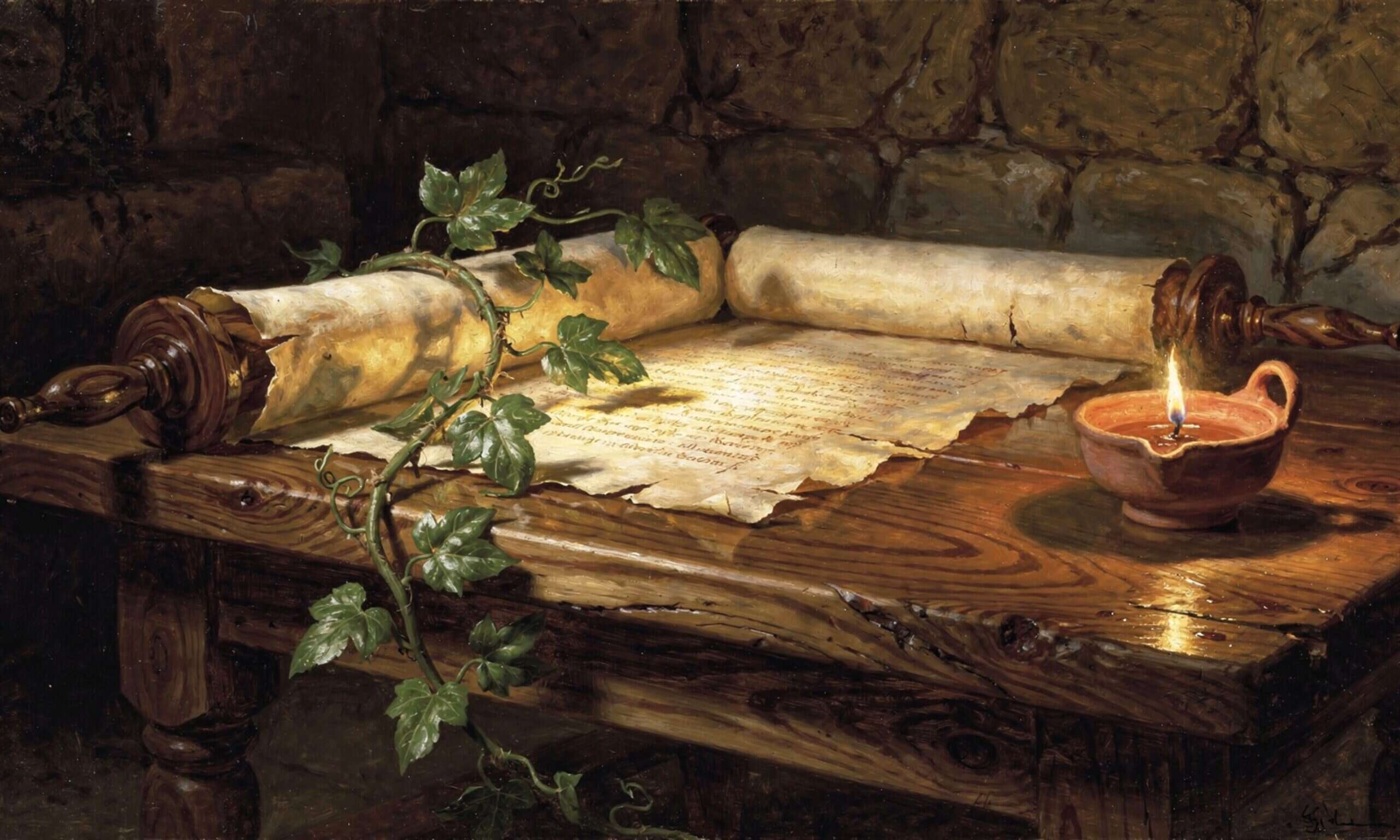 An open ancient scroll on olive-wood at dawn, glowing softly from within, with green vine and new leaves curling around its rollers and a small bronze oil lamp nearby — the Torah made living.