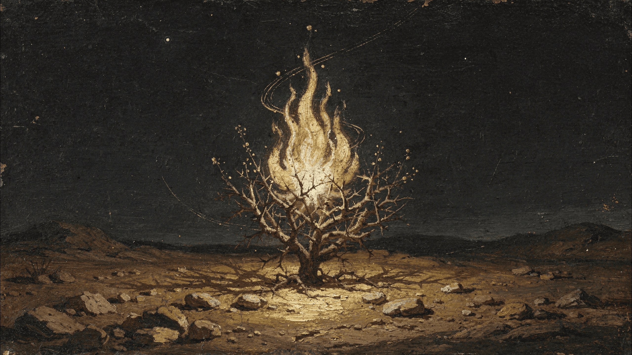 A desert thorn bush burning with radiant golden flame yet not consumed, alone on rocky ground before dawn.